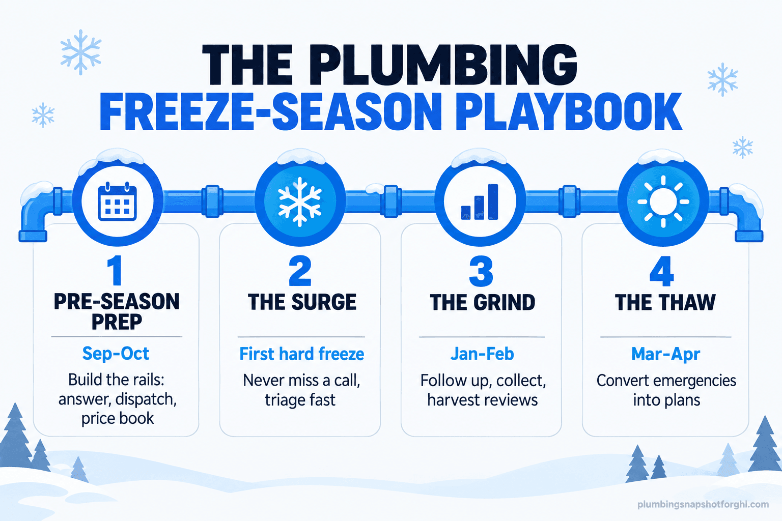 Freeze-season timeline infographic for a plumbing shop showing four phases across the winter: Phase 1 Pre-Season Prep in September and October, Phase 2 The Surge at the first hard freeze, Phase 3 The Mid-Season Grind in January and February, and Phase 4 The Thaw in March, each with a one-line operator action.
